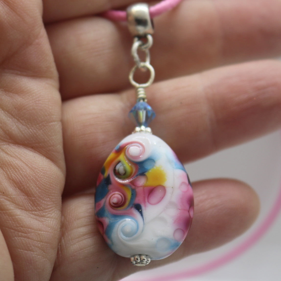 Rainbow Joy Glass Pendant Necklace – Handmade Lampwork oval on Pink Cord