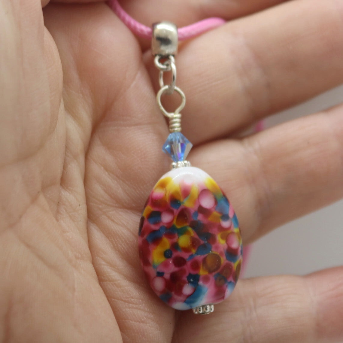 Rainbow Joy Glass Pendant Necklace – Handmade Lampwork oval on Pink Cord