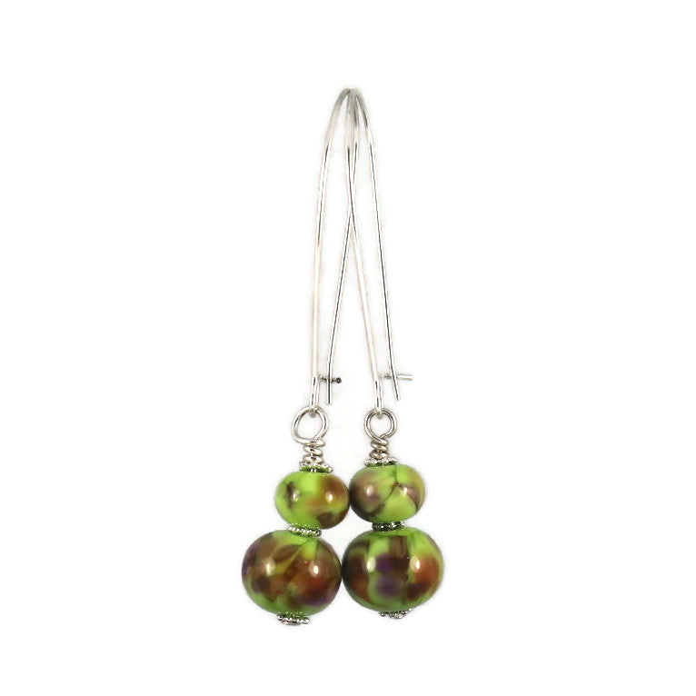 Handmade Green & Brown Lampwork Glass Earrings – Artisan Beaded Jewelry, Silver plated Ear Wires, Unique Gift for Her