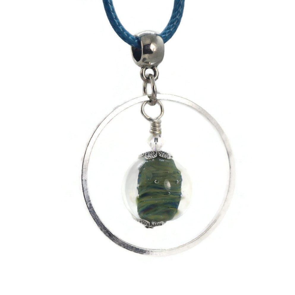 Ocean Swirl Glass Pendant Necklace – Sterling Silver Circle Frame