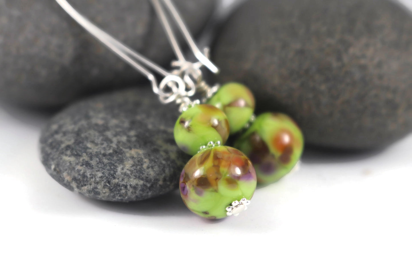 Handmade Green & Brown Lampwork Glass Earrings – Artisan Beaded Jewelry, Silver plated Ear Wires, Unique Gift for Her