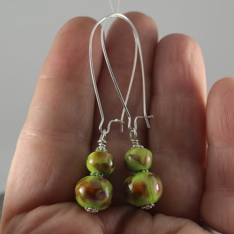 Handmade Green & Brown Lampwork Glass Earrings – Artisan Beaded Jewelry, Silver plated Ear Wires, Unique Gift for Her