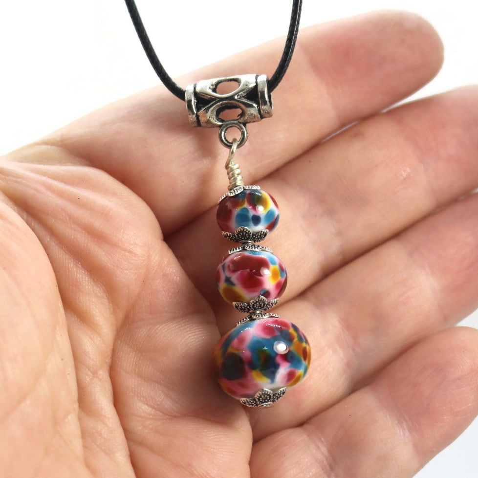Rainbow Joy Triple Glass Bead Pendant Necklace – Handmade Lampwork Jewelry