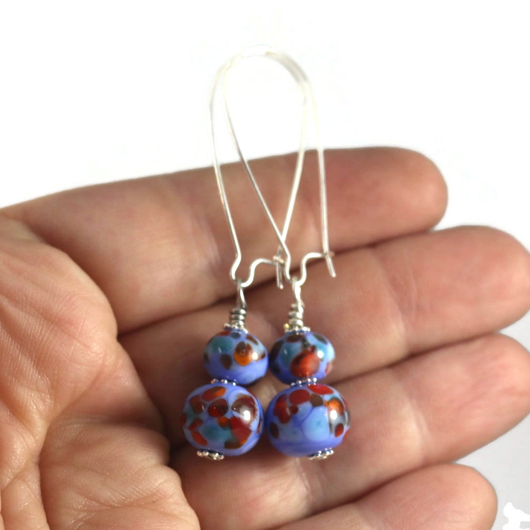 Handmade Blue Lampwork Glass Earrings – Red & Brown Speckled Beads, Silver plated