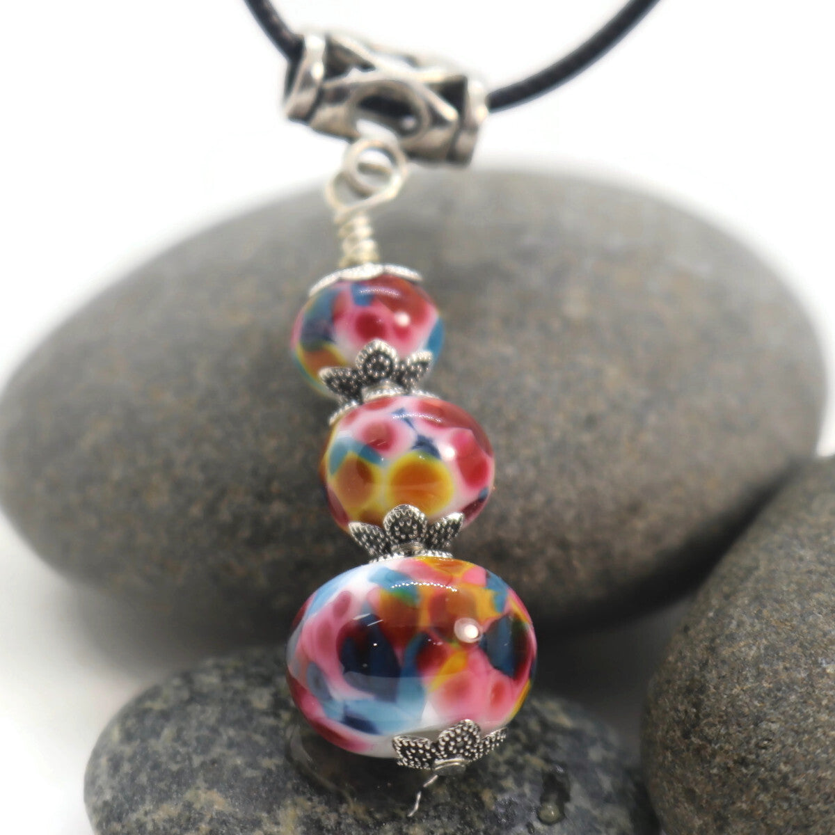 Rainbow Joy Triple Glass Bead Pendant Necklace – Handmade Lampwork Jewelry