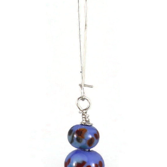Handmade Blue Lampwork Glass Earrings – Red & Brown Speckled Beads, Silver plated