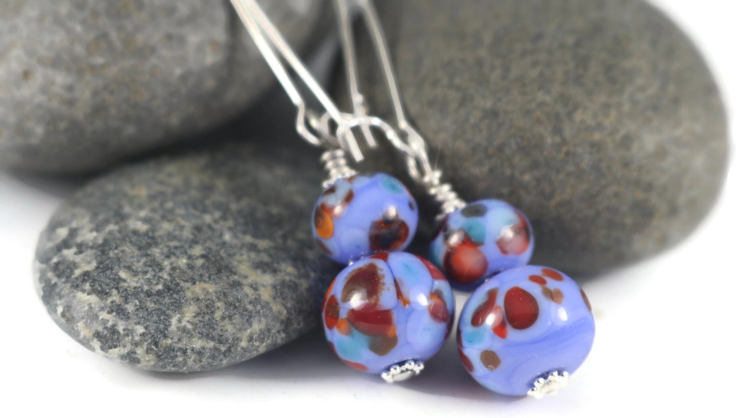 Handmade Blue Lampwork Glass Earrings – Red & Brown Speckled Beads, Silver plated