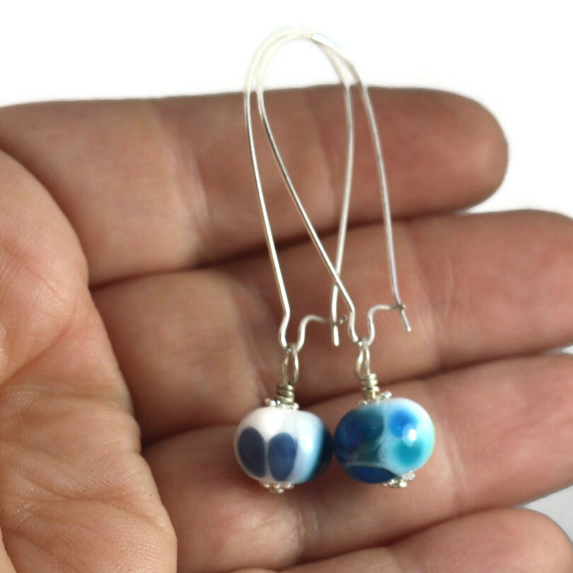 Handmade Blue & Aqua Lampwork Glass Earrings – White, blue & Aqua Silver plated