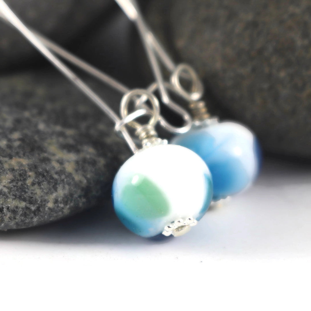 Handmade Blue & Aqua Lampwork Glass Earrings – White, blue & Aqua Silver plated