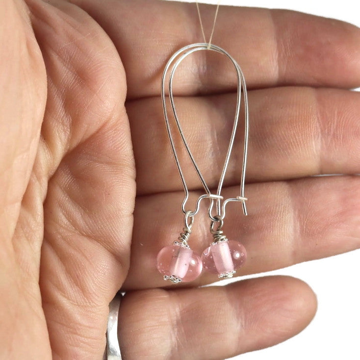 Handmade Pink Lampwork Glass Earrings – Soft Rose Beads – Silver plated