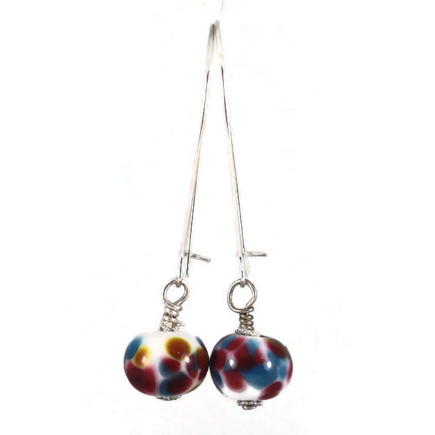 Handmade dark Multicolor Lampwork Glass Earrings – Fuchsia, Yellow & Blue Beads – Silver plated (Copy)