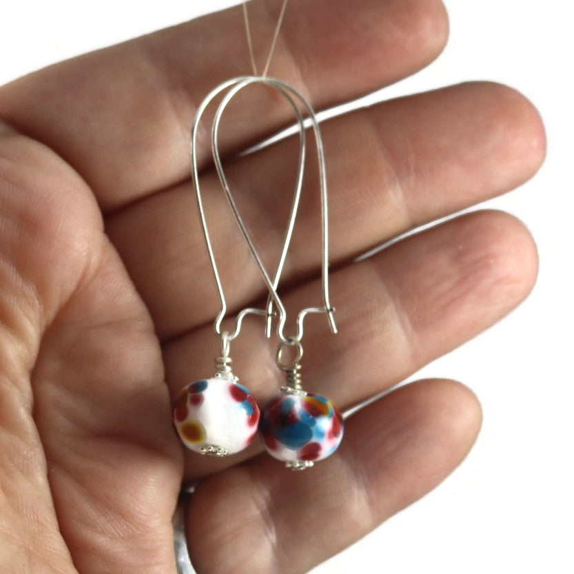 Handmade dark Multicolor Lampwork Glass Earrings – Fuchsia, Yellow & Blue Beads – Silver plated (Copy)