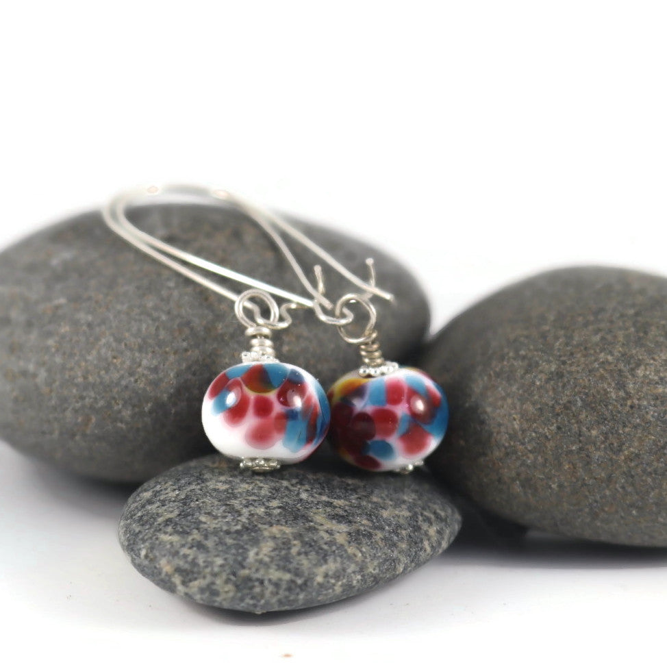 Handmade dark Multicolor Lampwork Glass Earrings – Fuchsia, Yellow & Blue Beads – Silver plated (Copy)
