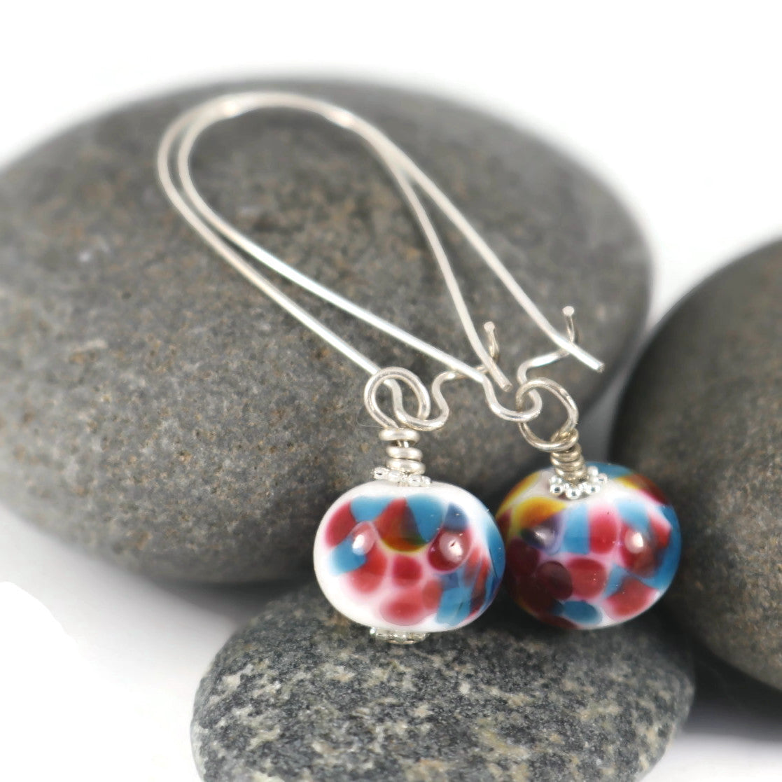 Handmade dark Multicolor Lampwork Glass Earrings – Fuchsia, Yellow & Blue Beads – Silver plated (Copy)