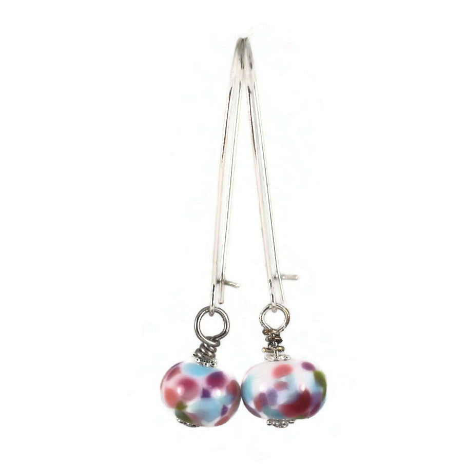 Handmade Multicolor Lampwork Glass Earrings – Polka Dot Beads – Silver plated
