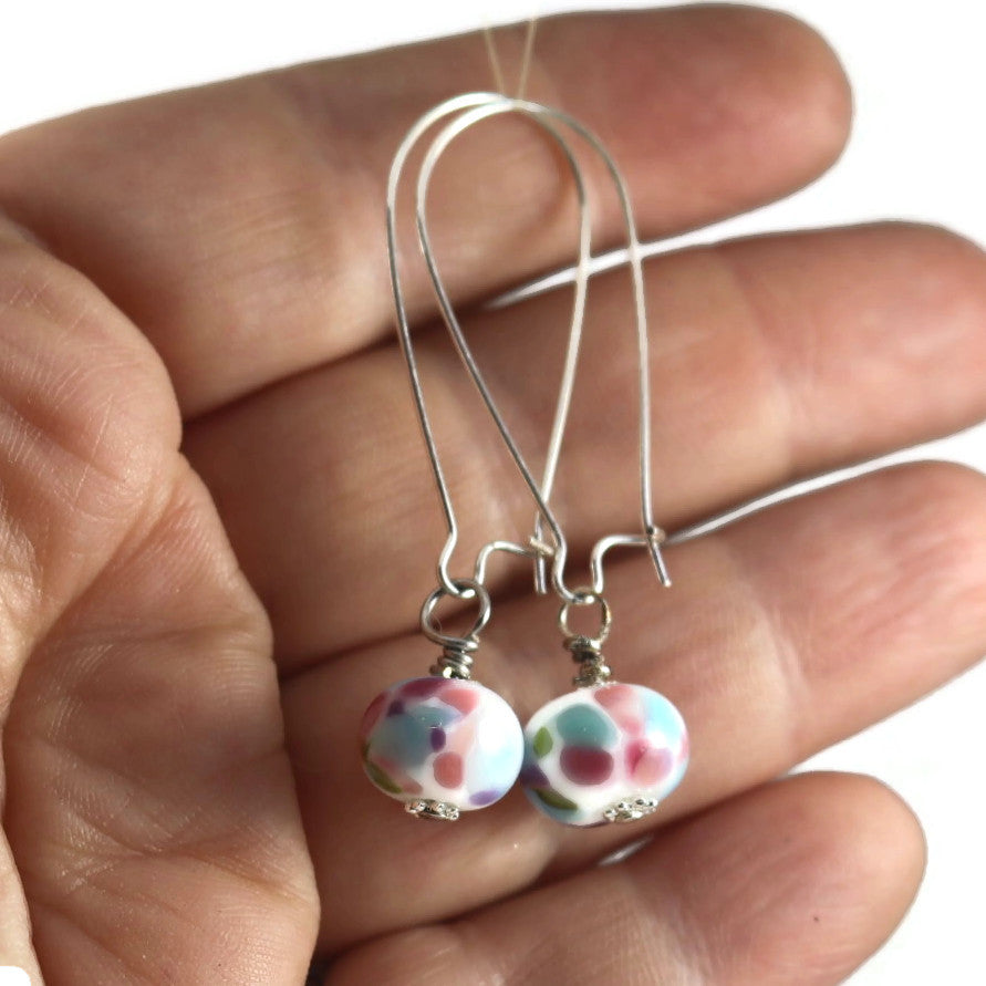 Handmade Multicolor Lampwork Glass Earrings – Polka Dot Beads – Silver plated