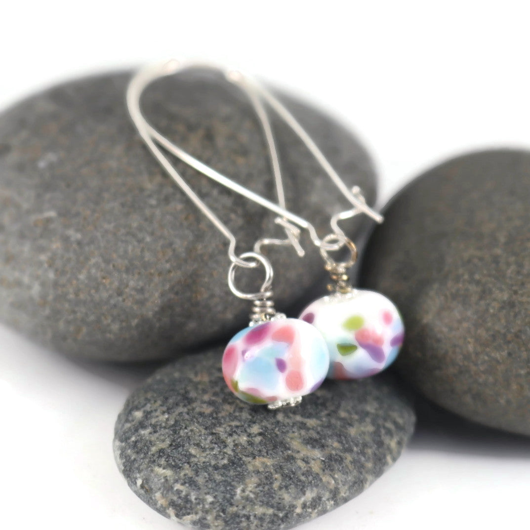 Handmade Multicolor Lampwork Glass Earrings – Polka Dot Beads – Silver plated