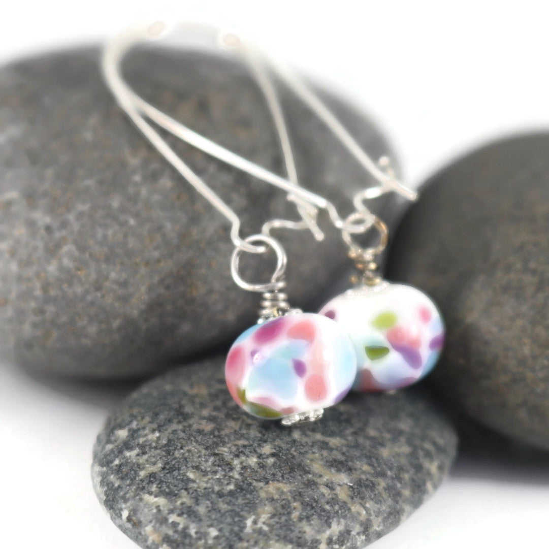 Handmade Multicolor Lampwork Glass Earrings – Polka Dot Beads – Silver plated