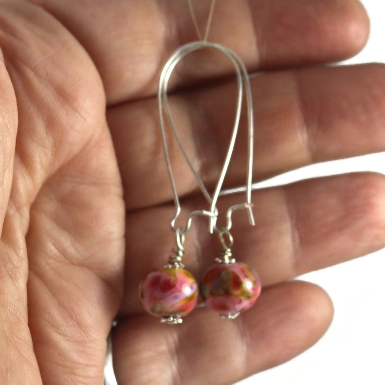 Handmade Rose Pink Lampwork Earrings, Silver plated