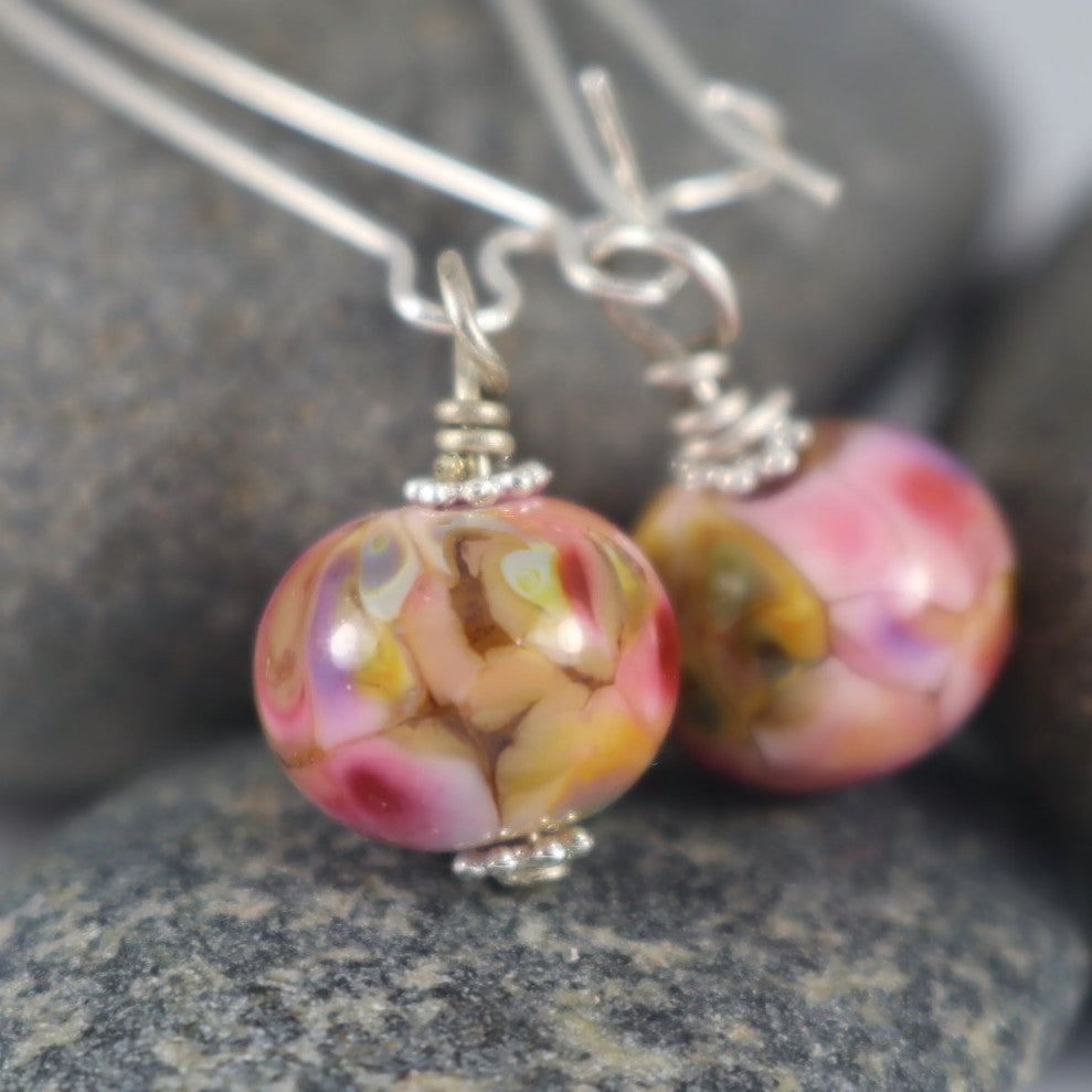 Handmade Rose Pink Lampwork Earrings, Silver plated