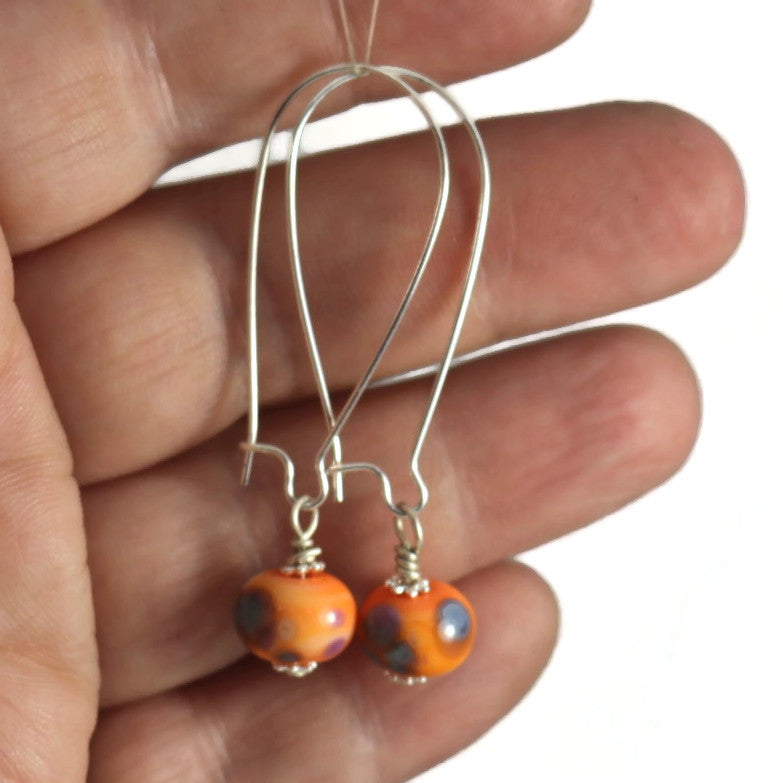 Handmade Orange Lampwork Glass Earrings – Bright Beads with Multicolor Accents, Silver plated