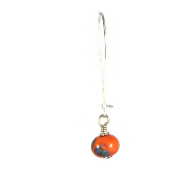 Handmade Orange Lampwork Glass Earrings – Bright Beads with Multicolor Accents, Silver plated