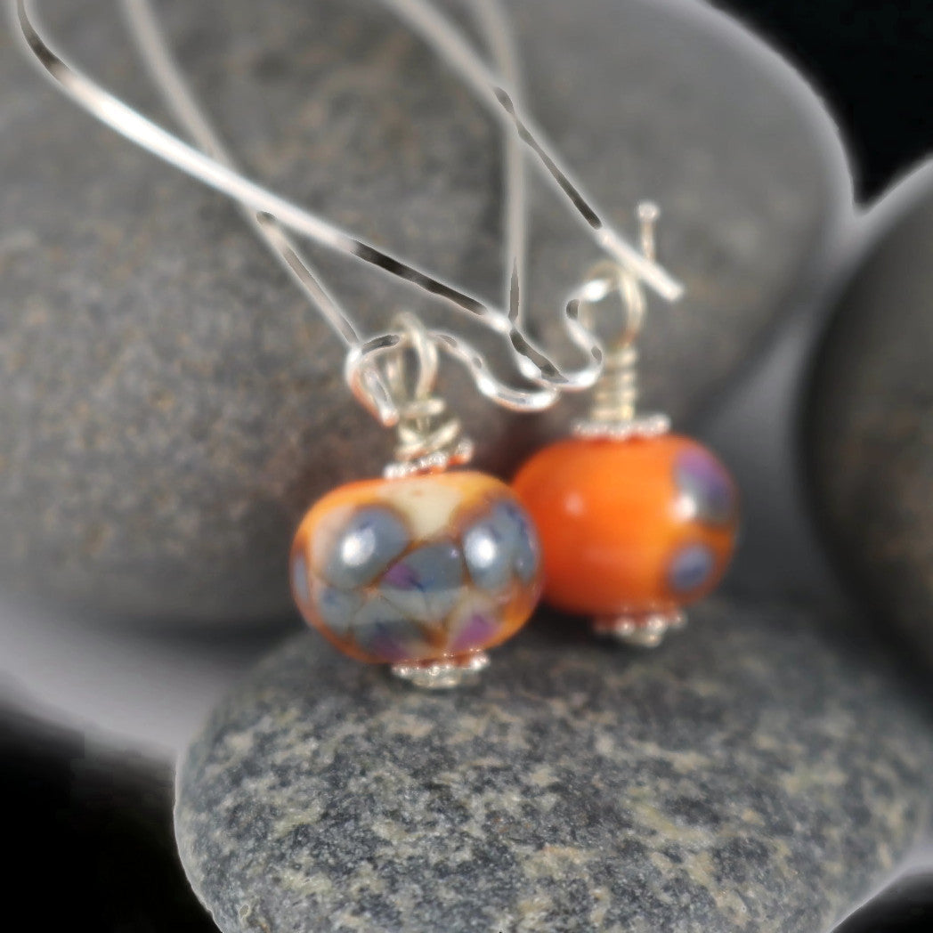 Handmade Orange Lampwork Glass Earrings – Bright Beads with Multicolor Accents, Silver plated