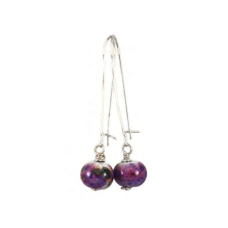 Handmade Purple Lampwork Glass Earrings – Violet Beads with Grey Accents, Silver plated