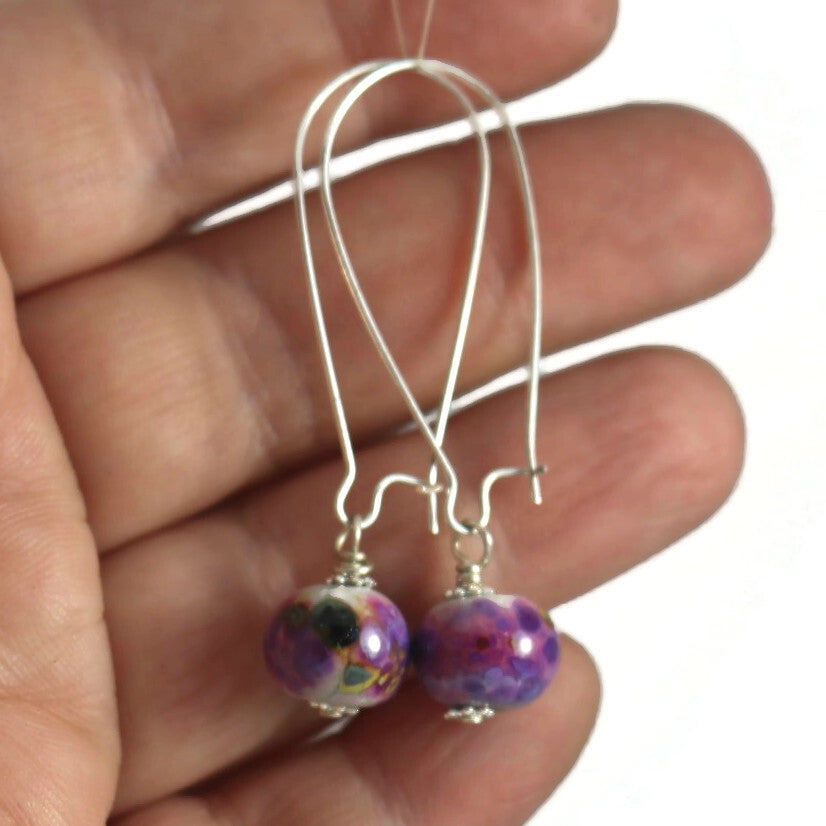 Handmade Purple Lampwork Glass Earrings – Violet Beads with Grey Accents, Silver plated