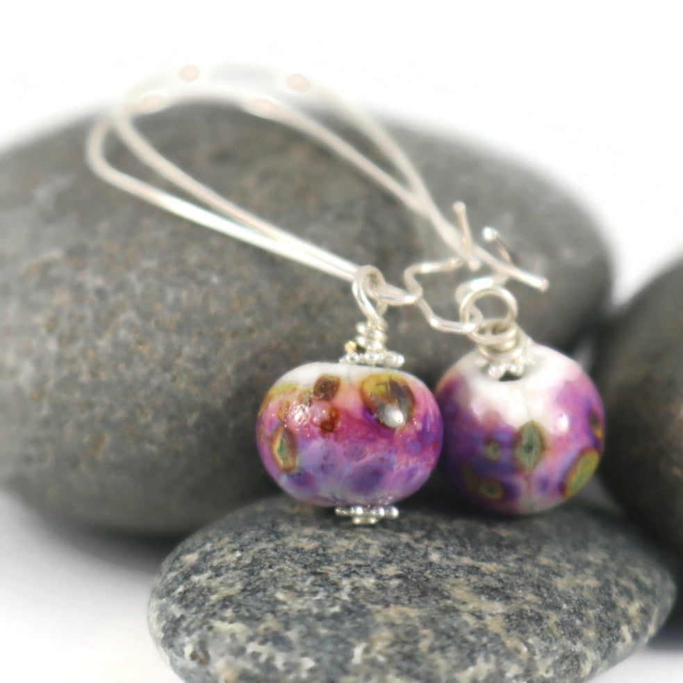 Handmade Purple Lampwork Glass Earrings – Violet Beads with Grey Accents, Silver plated