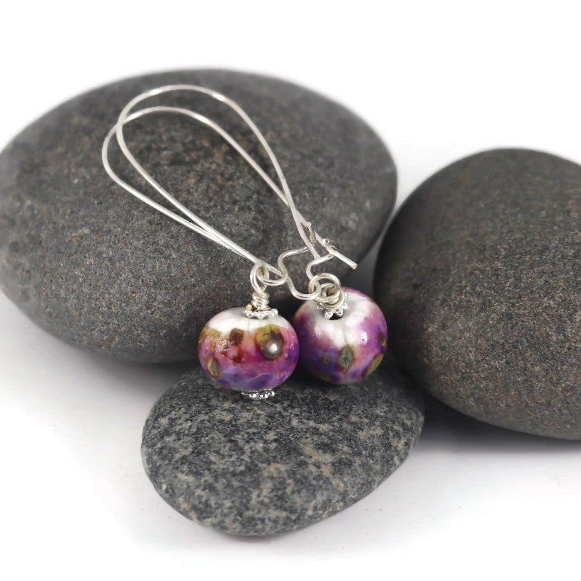 Handmade Purple Lampwork Glass Earrings – Violet Beads with Grey Accents, Silver plated