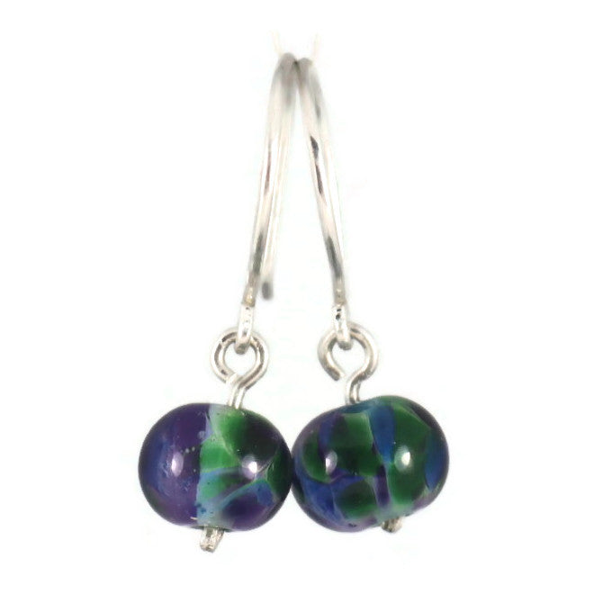 Handmade Purple & Green Lampwork Glass Earrings – Sterling Silver ear wire