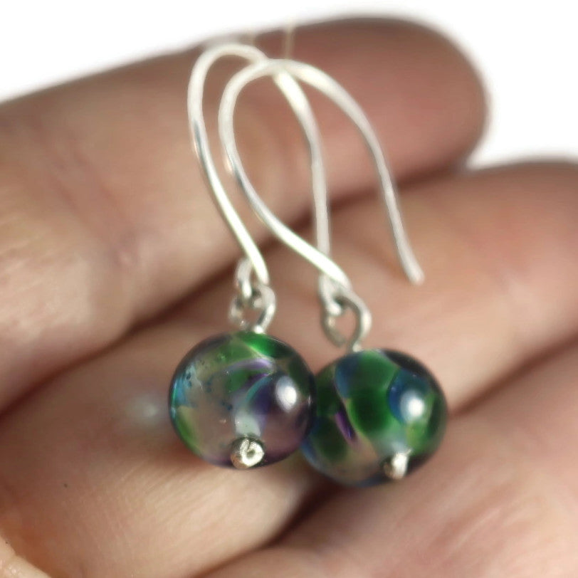 Handmade Purple & Green Lampwork Glass Earrings – Sterling Silver ear wire