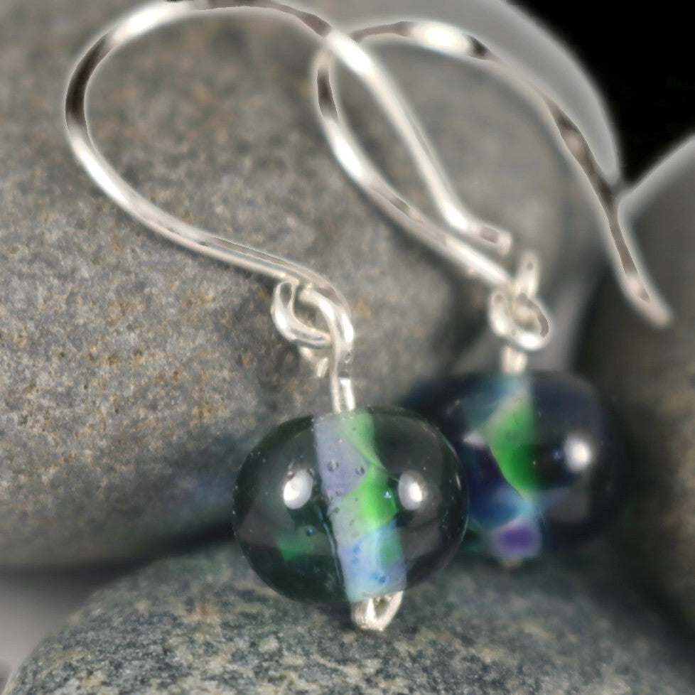 Handmade Purple & Green Lampwork Glass Earrings – Sterling Silver ear wire