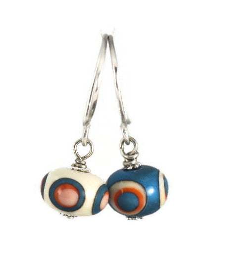 Handmade Retro Polka Dot Lampwork Glass Earrings – Turquoise & Orange with Sterling Silver
