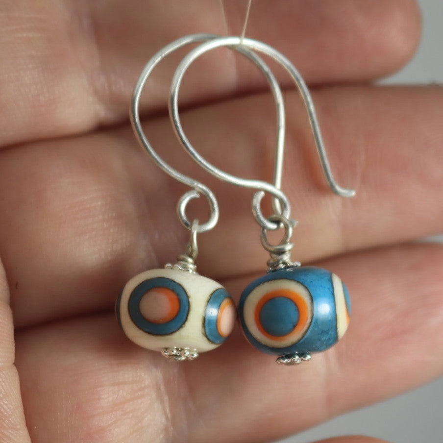 Handmade Retro Polka Dot Lampwork Glass Earrings – Turquoise & Orange with Sterling Silver
