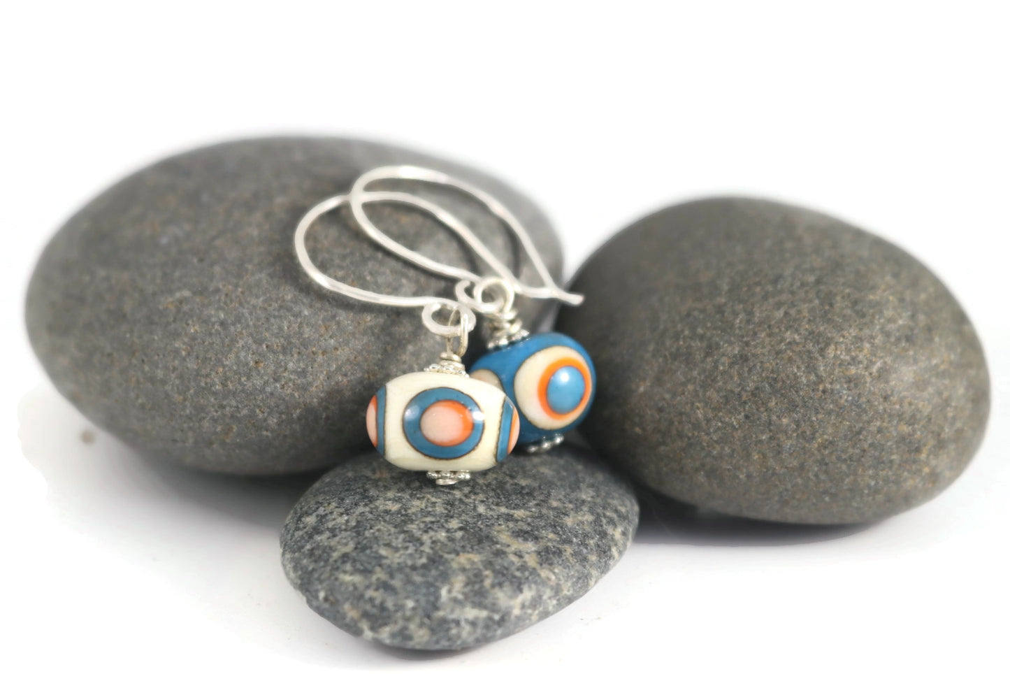 Handmade Retro Polka Dot Lampwork Glass Earrings – Turquoise & Orange with Sterling Silver