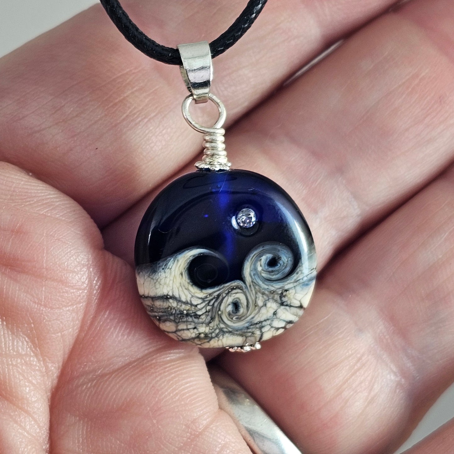 Hope small - Translucent Deep Blue Glass Pendant with CZ - Artisan Lampwork Statement Jewelry