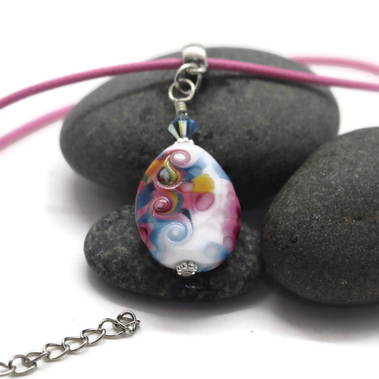 Rainbow Joy Glass Pendant Necklace – Handmade Lampwork oval on Pink Cord