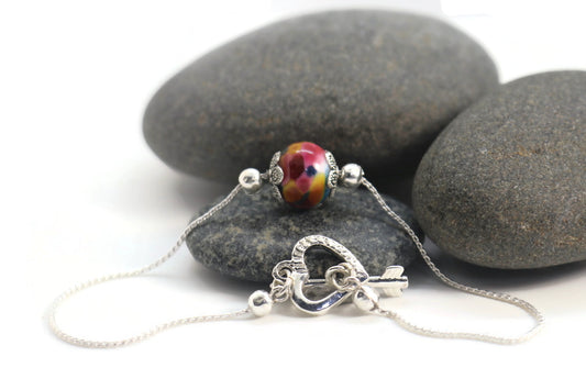 Rainbow Joy Glass Bead Silver Bracelet – Heart & Arrow Clasp