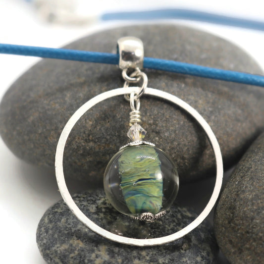 Ocean Swirl Glass Pendant Necklace – Sterling Silver Circle Frame
