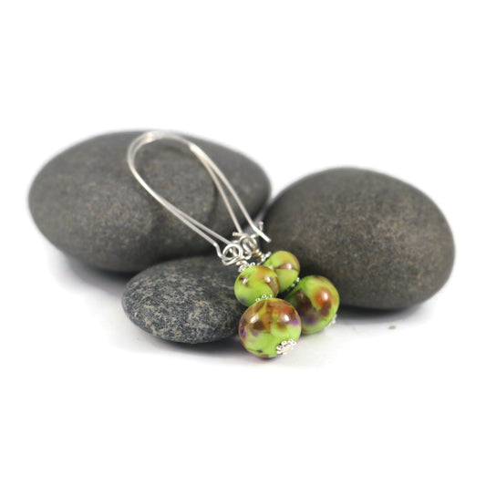 Handmade Green & Brown Lampwork Glass Earrings – Artisan Beaded Jewelry, Silver plated Ear Wires, Unique Gift for Her