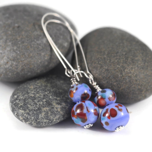 Handmade Blue Lampwork Glass Earrings – Red & Brown Speckled Beads,  Silver plated