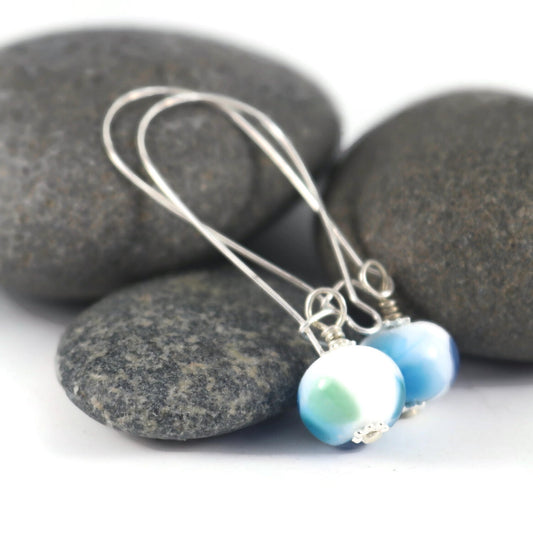 Handmade Blue & Aqua Lampwork Glass Earrings – White, blue & Aqua Silver plated