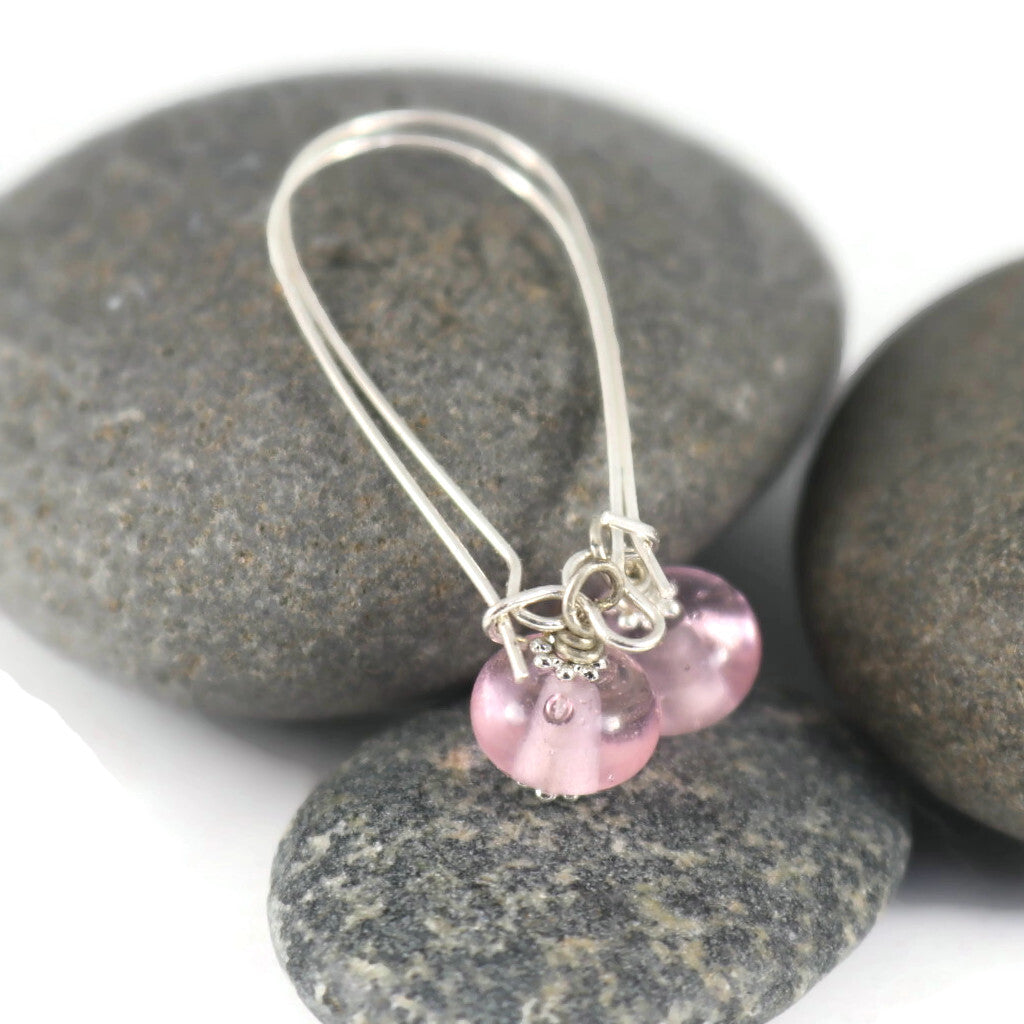 Handmade Pink Lampwork Glass Earrings – Soft Rose Beads – Silver plated