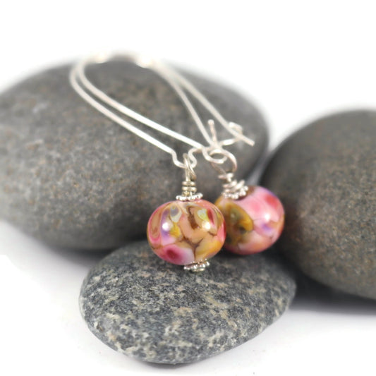 Handmade Rose Pink Lampwork Earrings, Silver plated