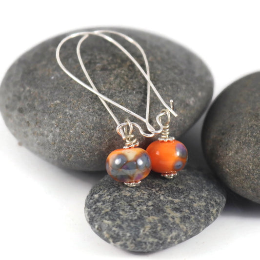 Handmade Orange Lampwork Glass Earrings – Bright Beads with Multicolor Accents, Silver plated