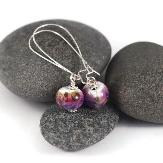 Handmade Purple Lampwork Glass Earrings – Violet Beads with Grey Accents, Silver plated