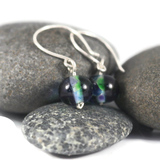 Handmade Purple & Green Lampwork Glass Earrings – Sterling Silver ear wire