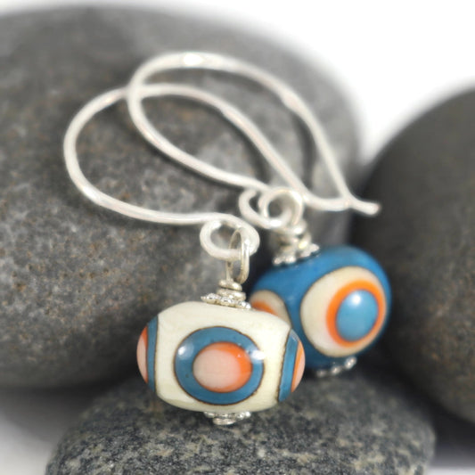 Handmade Retro Polka Dot Lampwork Glass Earrings – Turquoise & Orange with Sterling Silver